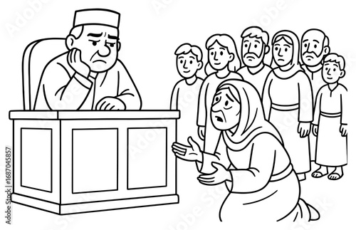 Persistent widow parable scene with judge and community for educational use