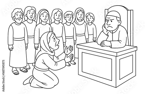 Parable of the persistent widow in biblical scene for educational and religious design