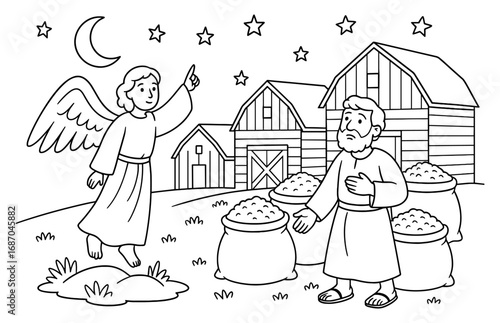 The rich fool parable with angel and farmer in barn setting