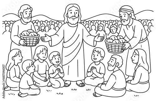 Miracle of abundance: biblical scene with jesus feeding the multitude