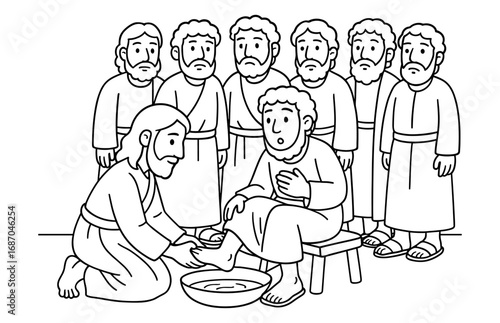 Jesus washing the disciples' feet - biblical scene for religious poster or card design