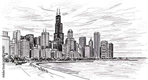 Hand-drawn sketch of the Chicago skyline from Lake Michigan. Detailed black and white vector illustration of Illinois' famous cityscape.