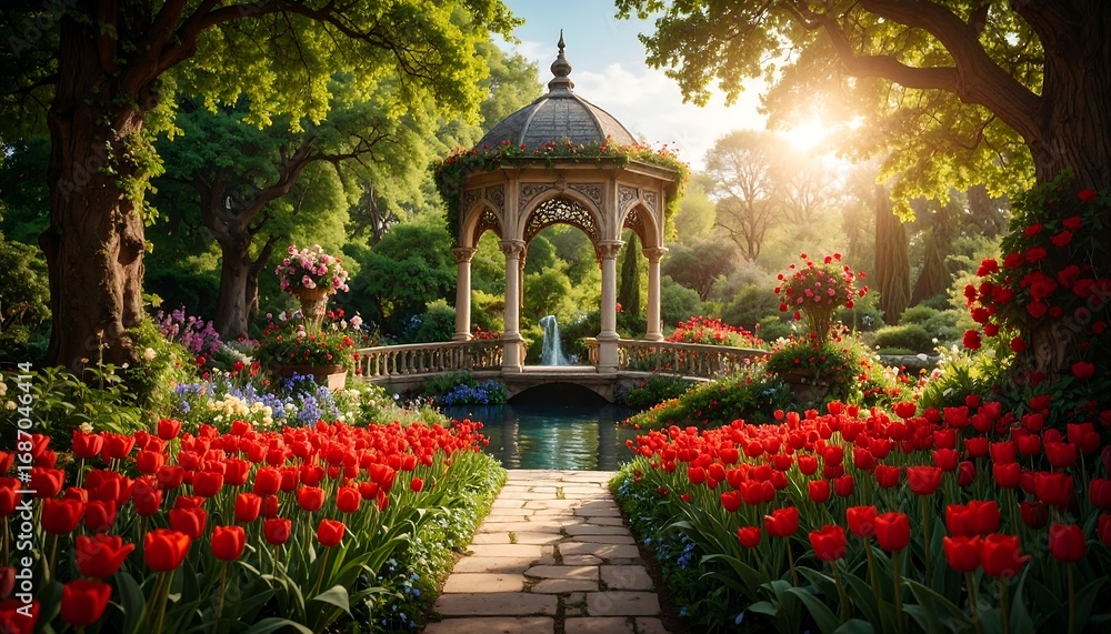Obraz premium Picturesque garden gazebo with vibrant tulips