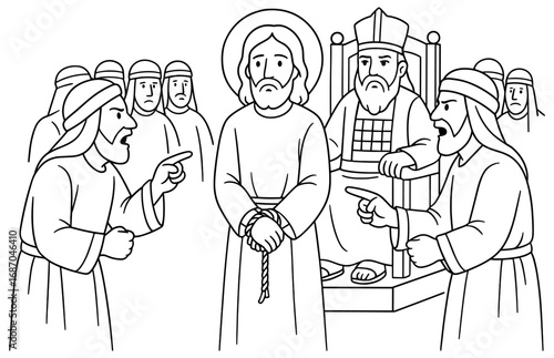 Biblical scene of jesus before the sanhedrin for religious study and reflection