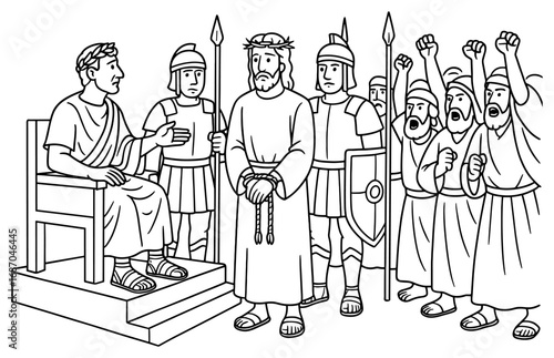 Biblical scene depicting jesus before pilate judgement with roman soldiers and crowd