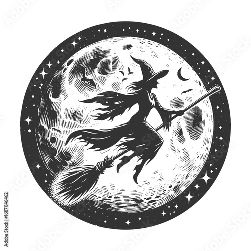 witch in a hat and cape riding a broomstick with the full moon behind her sketch engraving generative ai fictional character vector illustration. Scratch board imitation. Black and white image.