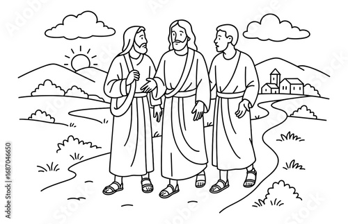 Biblical scene of road to emmaus with three figures walking at sunrise