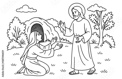 Jesus and mary encounter in biblical garden setting for spiritual reflection art