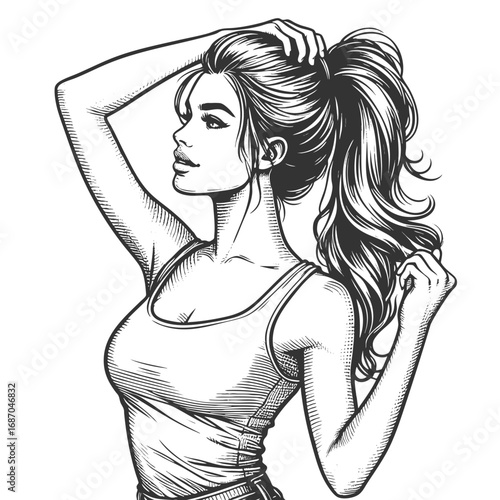 confident woman in a tank top, styling her long hair modern pin-up flair sketch engraving generative ai fictional character vector illustration. Scratch board imitation. Black and white image.
