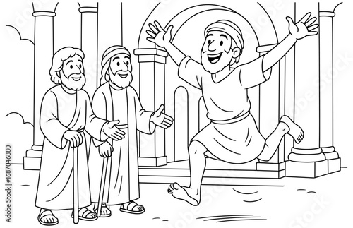 Joyful healing scene with peter and a beggar in ancient setting for spiritual education