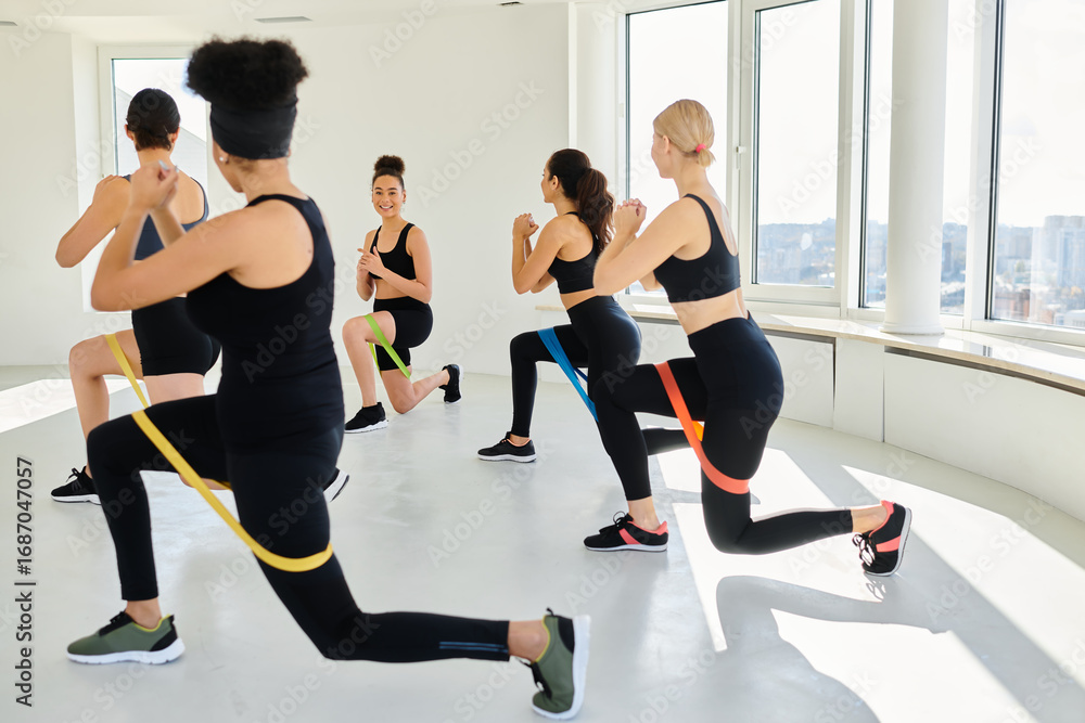 Fototapeta premium Diverse group of young women enjoying a vibrant pilates workout session indoors