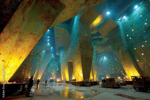 Abstract Industrial Space with Colorful Lighting and Unique Architecture