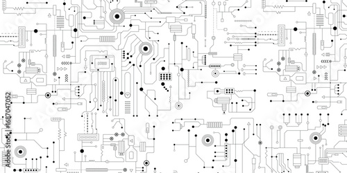 Vector circuit board background, abstract black lines on white background, minimal tech design, modern PCB pattern, electronic schematic texture, high-tech digital backdrop. 
