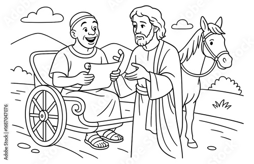 Joyful chariot encounter: biblical scene with scroll, man, and horse for educational design
