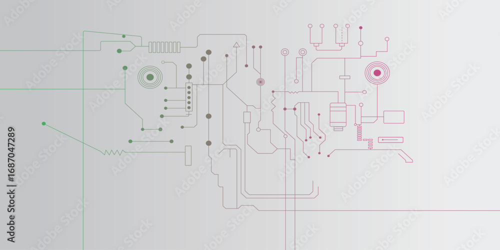 Obraz premium Abstract circuit board background, color electronic PCB lines and nodes on clean gray backdrop, minimalist high-tech design, digital network pattern, vector illustration, modern technology wallpaper,