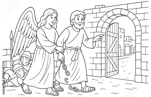 Biblical scene of angel freeing peter from prison for religious coloring book and educational use