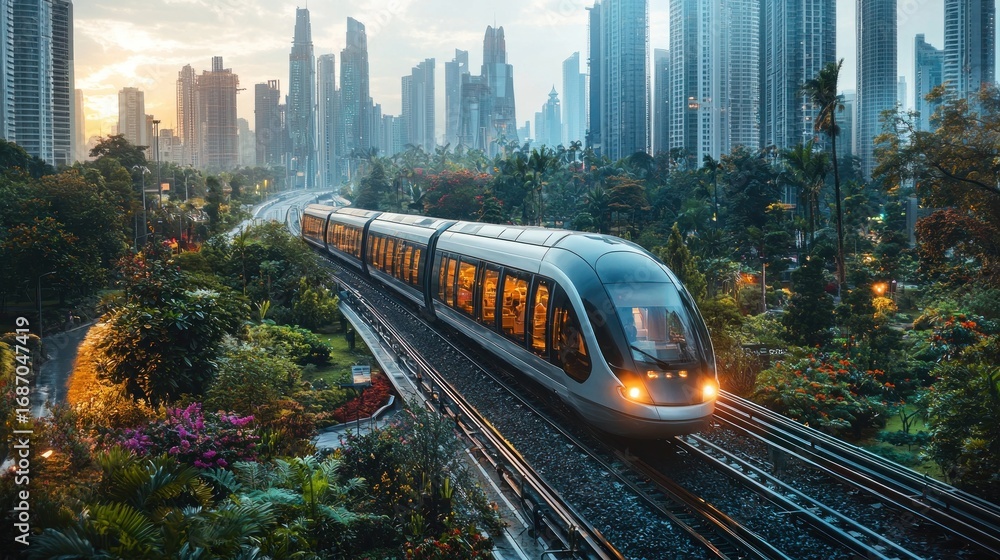 Fototapeta premium Modern Urban Development with High-Tech Train in Vibrant Cityscape