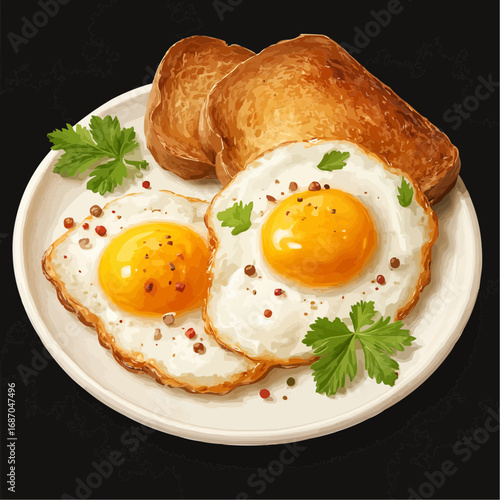 Breakfast Plate: Delicious and sunny-side-up fried eggs served on a plate with toast, herbs, and seasonings, creating a mouth-watering image for culinary projects.