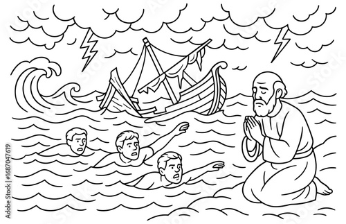 Dramatic scene of shipwreck adventure with praying man and swimmers during storm