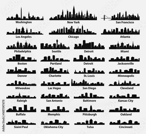Vector set of USA city skylines in black silhouette style