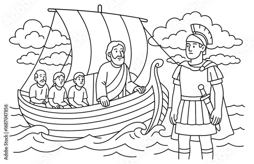 Biblical journey scene: apostle paul sailing to rome with roman soldier encounter