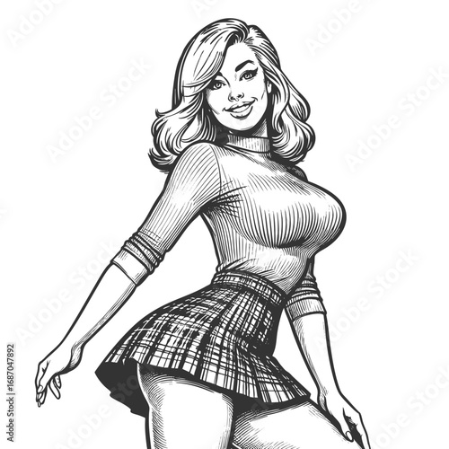 pin-up woman wearing a fitted turtleneck top and a short plaid skirt playfully with flirty smile sketch engraving generative ai fictional character vector illustration. Scratch board. Black and white.