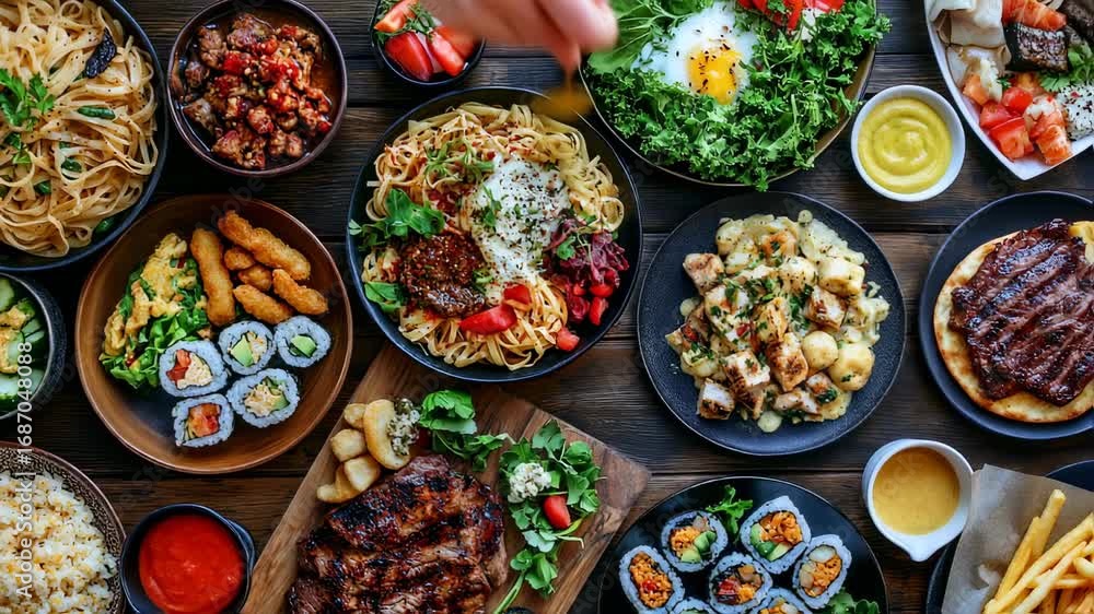 Diverse Culinary Display: A Mouthwatering Assortment of Gourmet Dishes on a Table