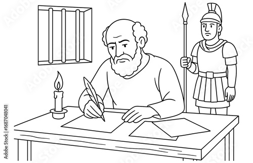 Apostle paul writing letters in prison with guard by candlelight