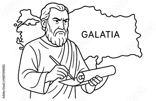 Apostle paul writing to the galatians with ancient map background for religious education