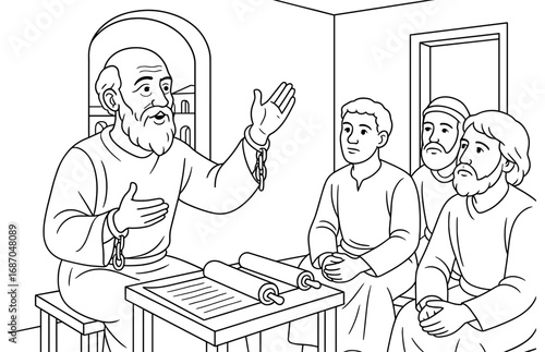 Apostle paul sharing teachings with followers in a biblical setting for religious education