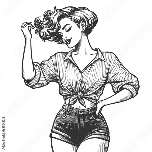 confident young woman with short wavy hair, wearing a tied shirt and high-waisted shorts, sketch engraving generative ai fictional character vector illustration. Scratch board. Black and white image.