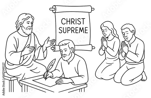 Biblical art depicting christ's supremacy with figures in prayer and writing