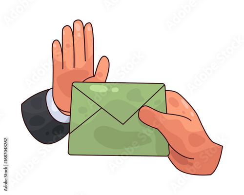 Illustration of a hand gesture refusing a bribe in a green envelope, symbolizing the rejection of corruption and illegal deals