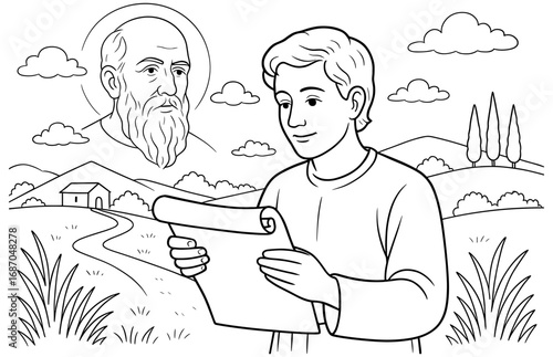 Historical figure reads ancient letter in serene countryside illustration for educational use