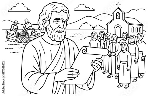 Apostolic scene featuring peter with scroll in pastoral setting with church and people