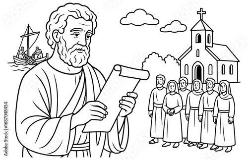 Religious scene depicting peter with scroll, apostles, and church background