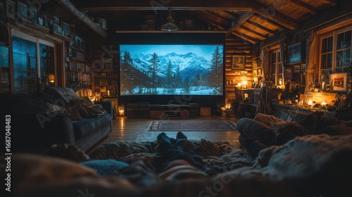 Cozy Cabin Living Room with Winter Mountain View on Movie Screen