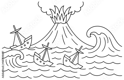 Volcanic eruption and sailing boats amid sea waves - perfect for adventure and nature themes