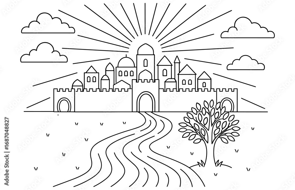Fototapeta premium Golden city coloring page for creative relaxation