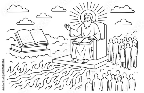 Judgment day coloring page with biblical scene for spiritual learning and religious education