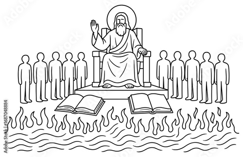 Judgment day themed coloring page featuring divine figure with books and flames for creative expression