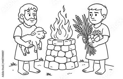 Biblical scene of cain and abel with their offerings for religious and educational design