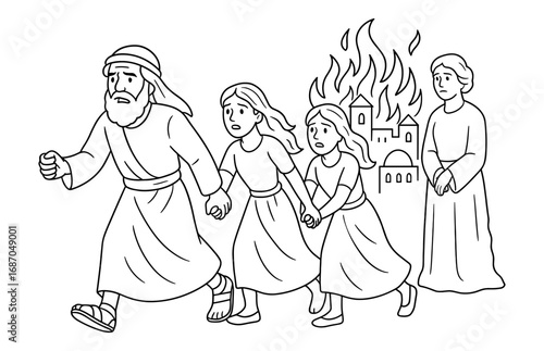 Biblical scene of lot's wife turning to salt near burning city