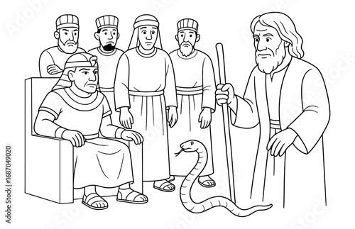 Moses' staff transformation depicting biblical scene with pharaoh and snake