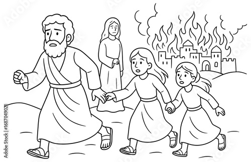 Biblical scene of lot's wife and family fleeing sodom with burning city in background for educational use