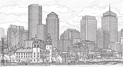 Wallpaper Mural Detailed hand-drawn sketch of the Boston, Massachusetts skyline. Black and white vector illustration of the historic American city's architecture. Torontodigital.ca