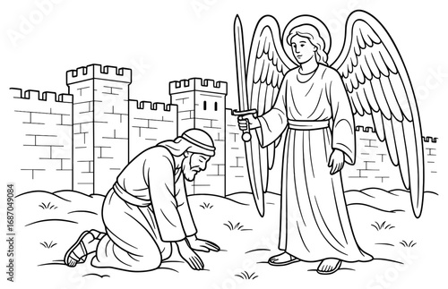 Biblical scene of joshua meeting angel for spiritual inspiration and artistic design