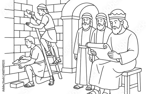 Biblical scene of josiah overseeing temple repairs for historical and educational design