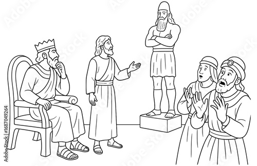 Biblical scene of daniel interpreting king nebuchadnezzar's dream with a statue