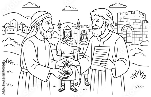 Biblical scene of jeremiah buying a field for religious education and historical learning
